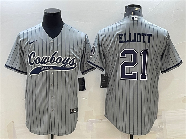 Men's Dallas Cowboys #21 Ezekiel Elliott Gray With Patch Cool Base Stitched Baseball Jersey